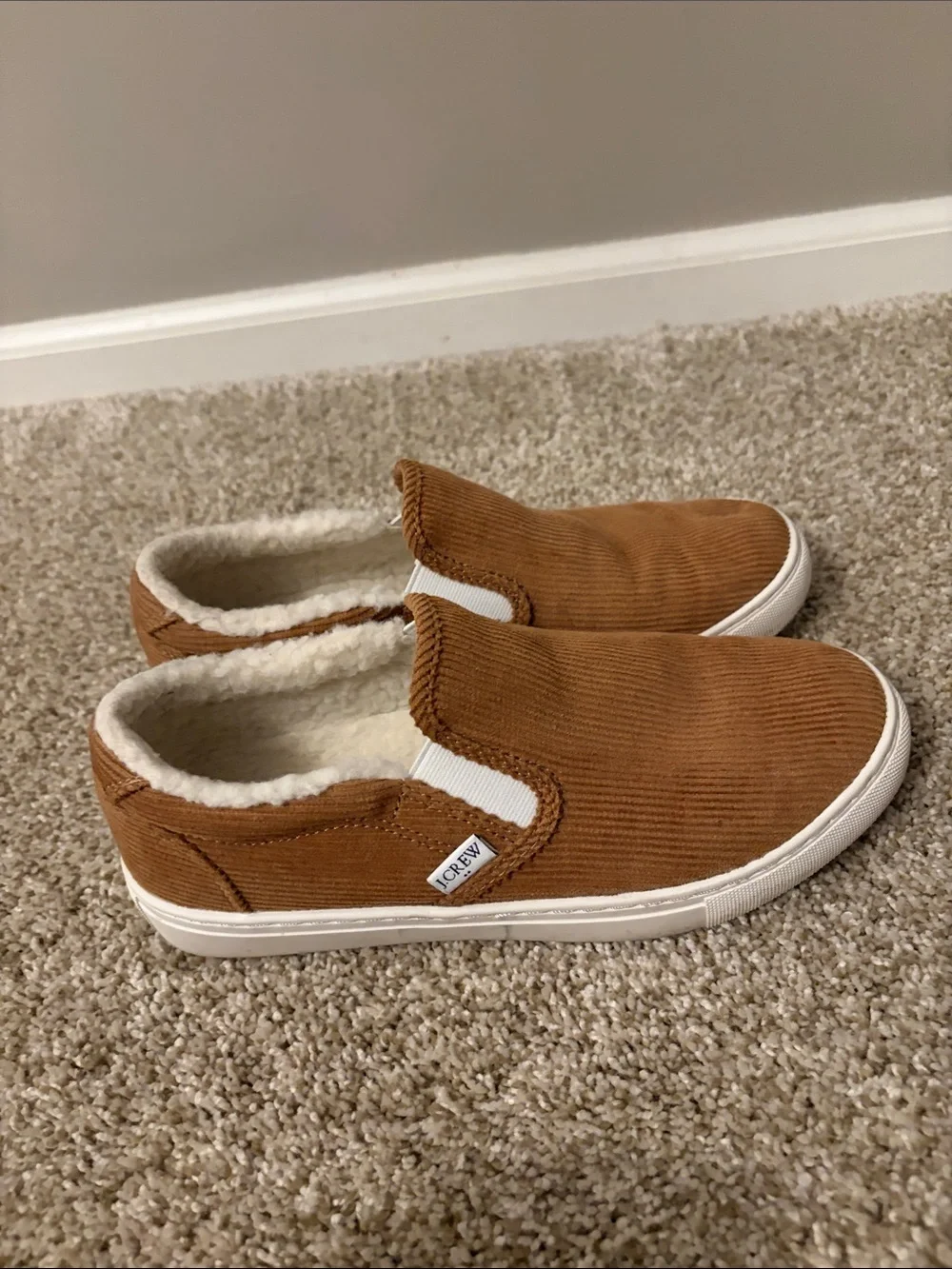J. Crew Corduroy Slip-On Sneakers in Camel Brown with Cream Lining